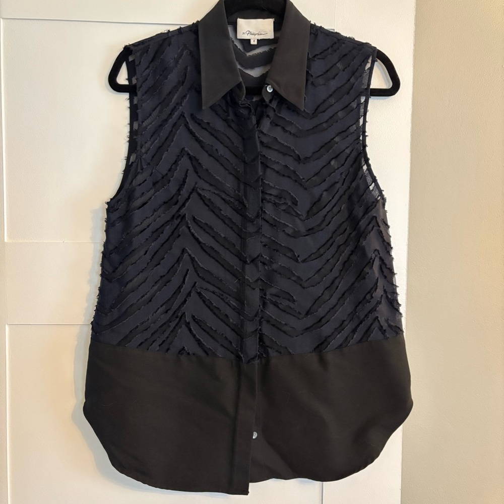 3.1 Phillip Lim Sleeveless Sheer Collared Button Blouse Navy zebra stripe Size 8